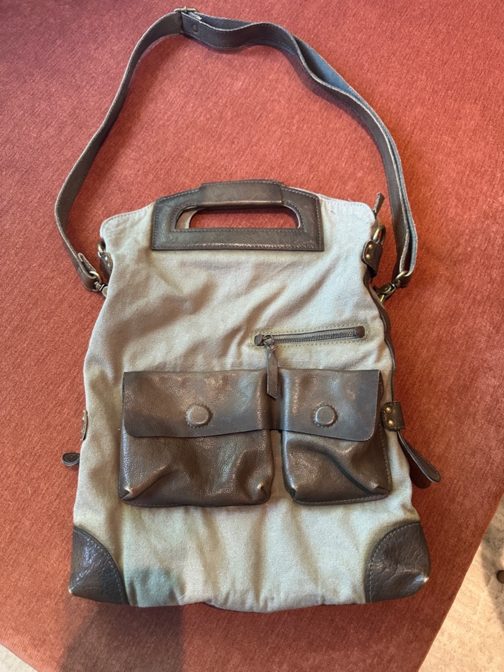 Free People Canvas and Leather Crossbody Tote Bag - Gray/Brown